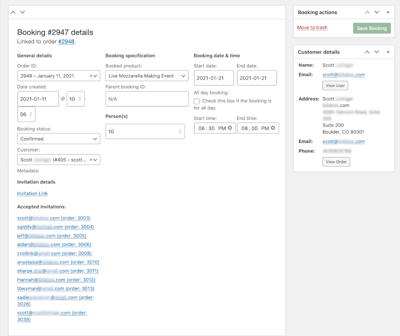 A complete WooCommerce order with invitations displayed in the admin area