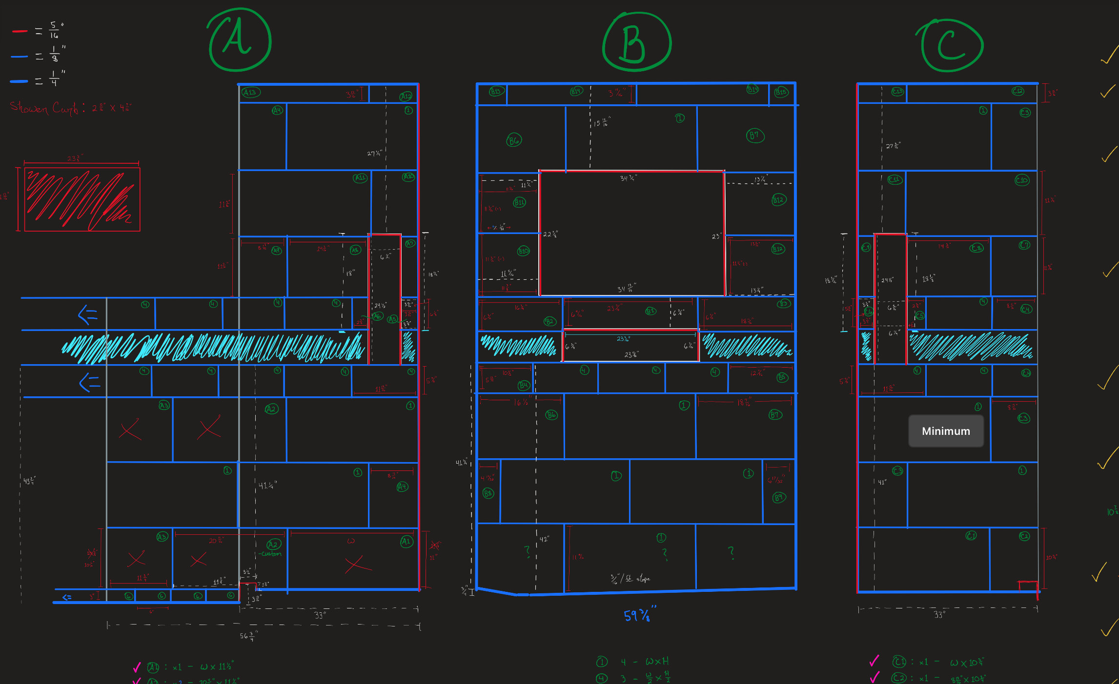 A material tracking diagram for assembling every single tile laid out on the shower walls.