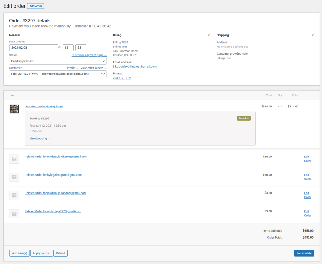 An parent invitation order in WooCommerce